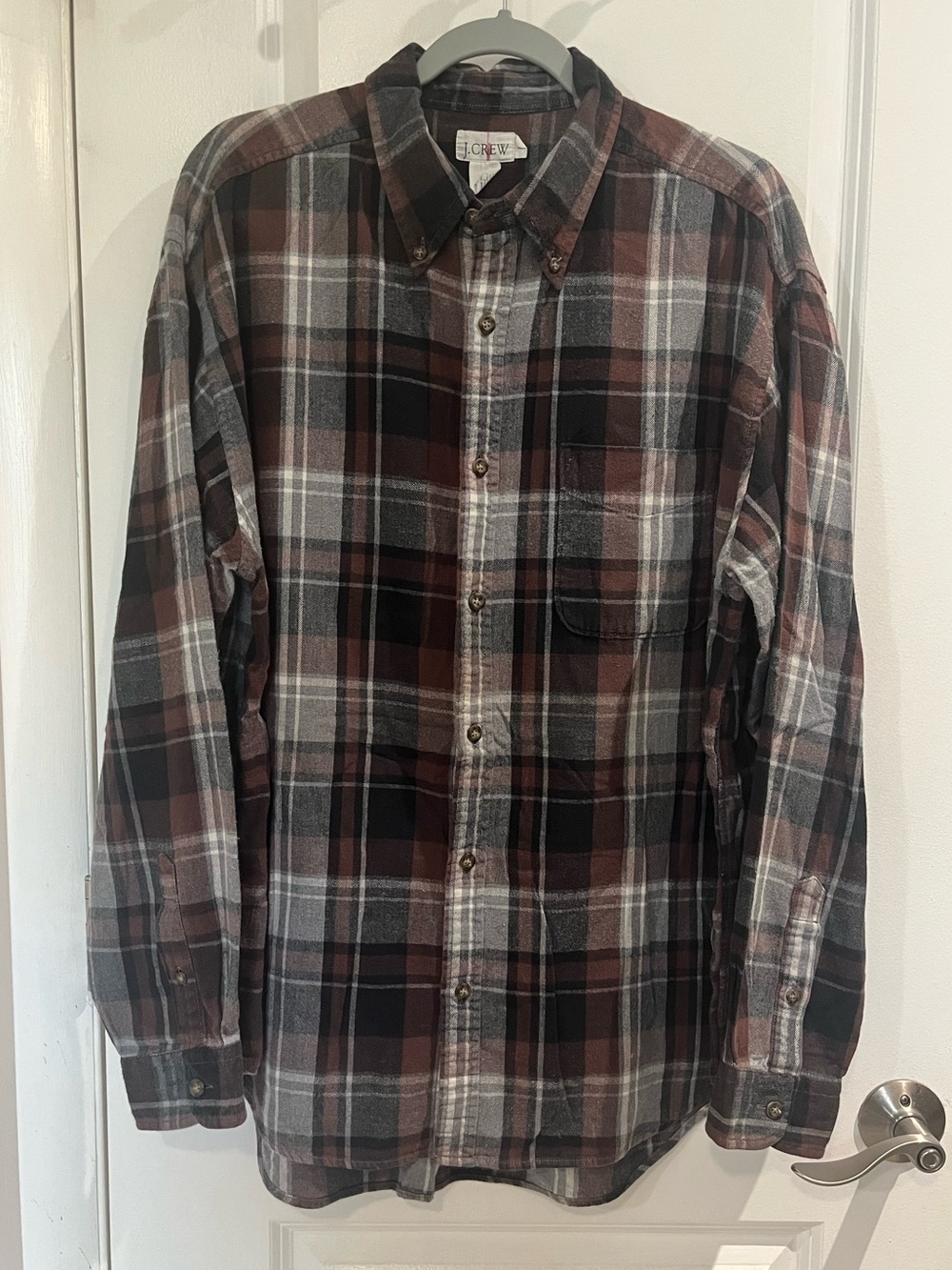 Vintage J. Crew Mens Plaid Flannel Button Down Shirt Sz L Brown Black Grunge